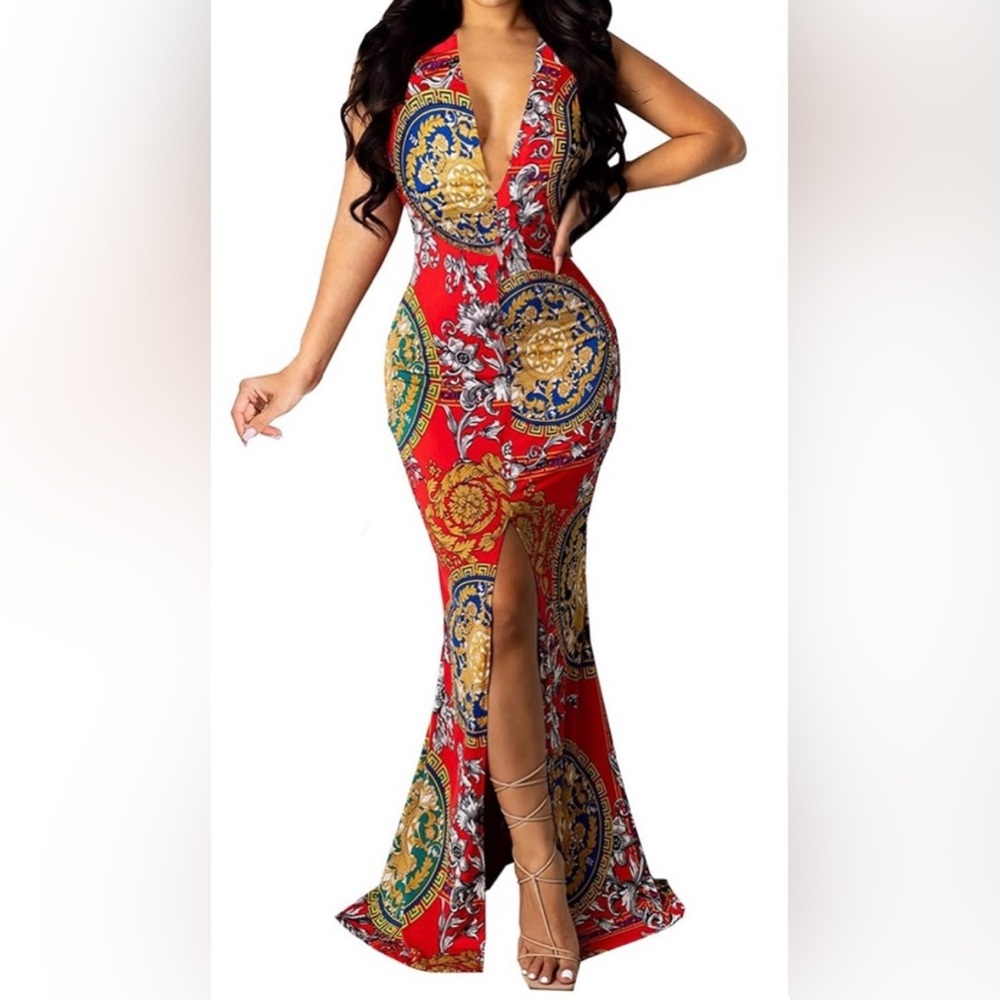 NWOT Red Maxi Print‎ Dress Long V Neck Tight Bodycon Oriental Bright Slit Sexy